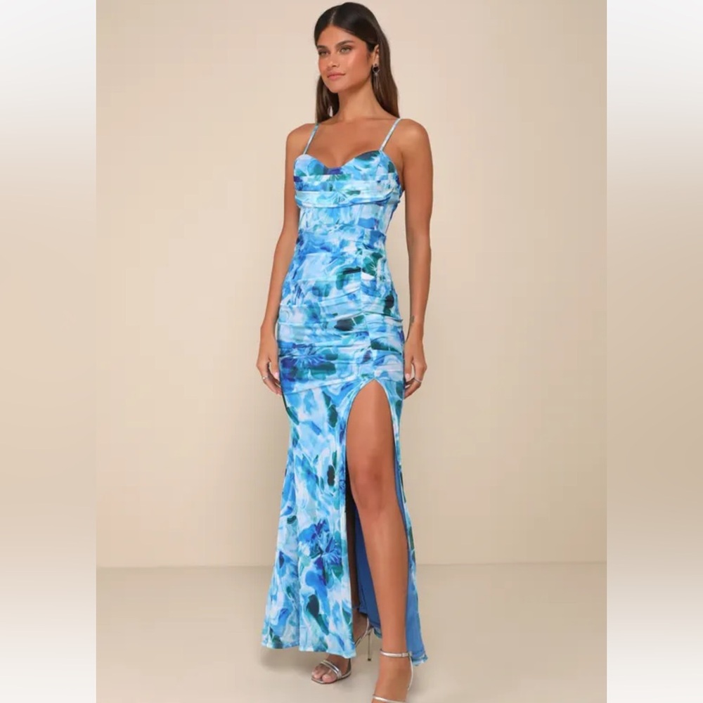 Lulu's Blue and White Ruched Floral Maxi Gown